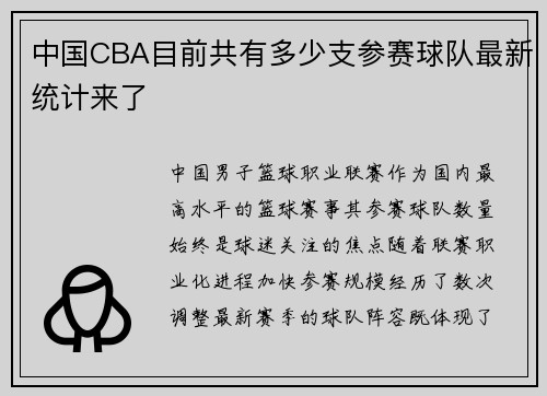 中国CBA目前共有多少支参赛球队最新统计来了