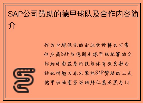 SAP公司赞助的德甲球队及合作内容简介